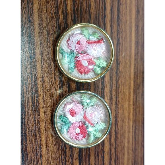 Floral Embroidered Unique Retro Pink Red Green Clip On Round Earrings Beautiful - Picture 1 of 9